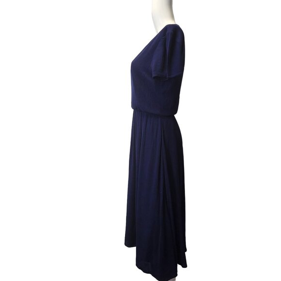 Wayf Navy Blue Blouson Midi Dress Rayon & Polyester Lined V-Neck Short Sleeves M - Picture 4 of 16